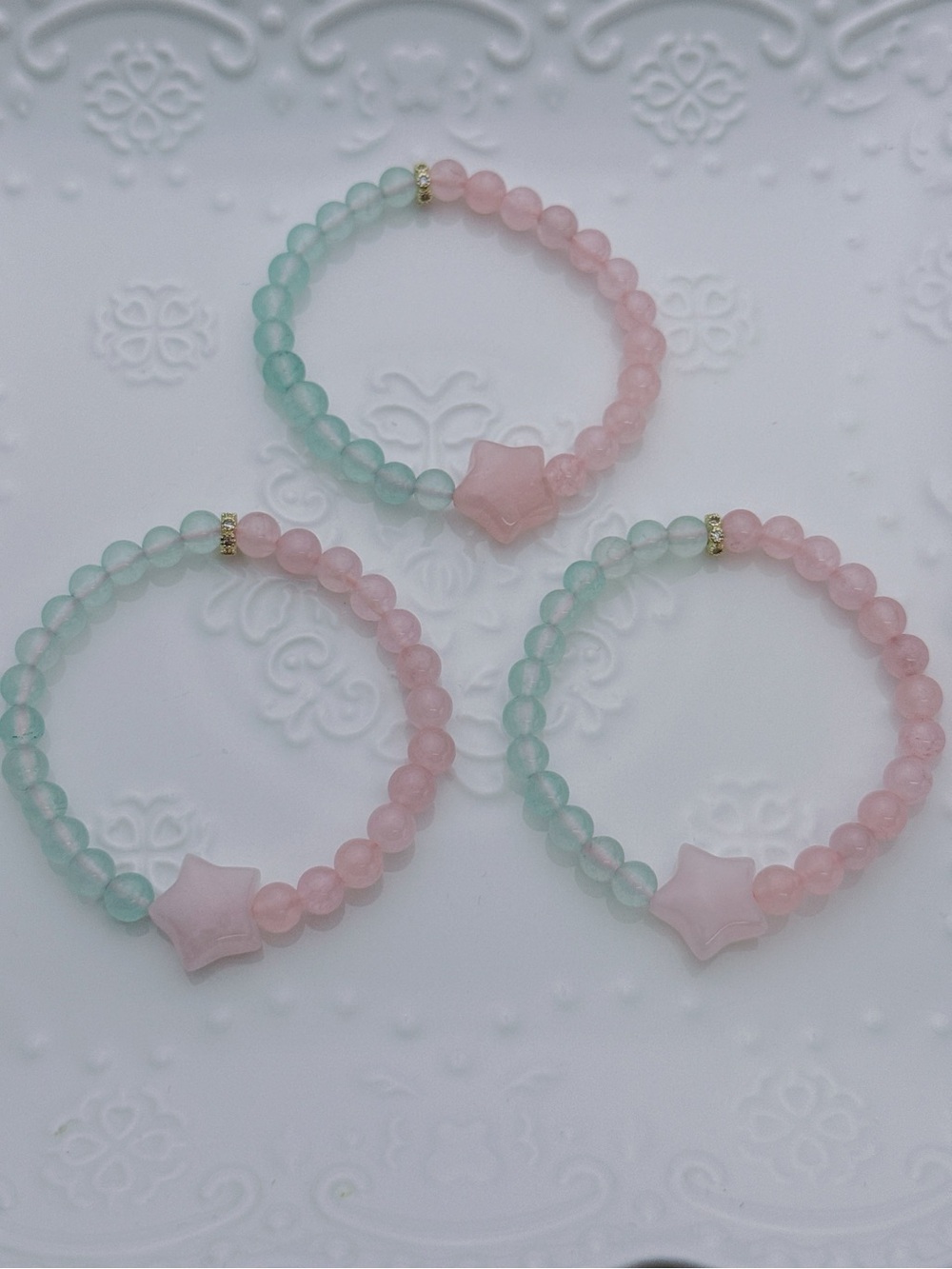 Handmade 7mm Rose Quartz Star Agate Stretchable Bracelet GB92 7”